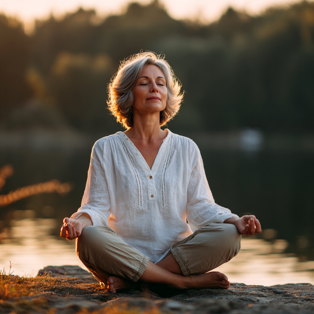 Middle-aged Ukrainian woman practicing gentle yoga poses in a peaceful indoor setting with natural lighting, smiling serenely while stretching