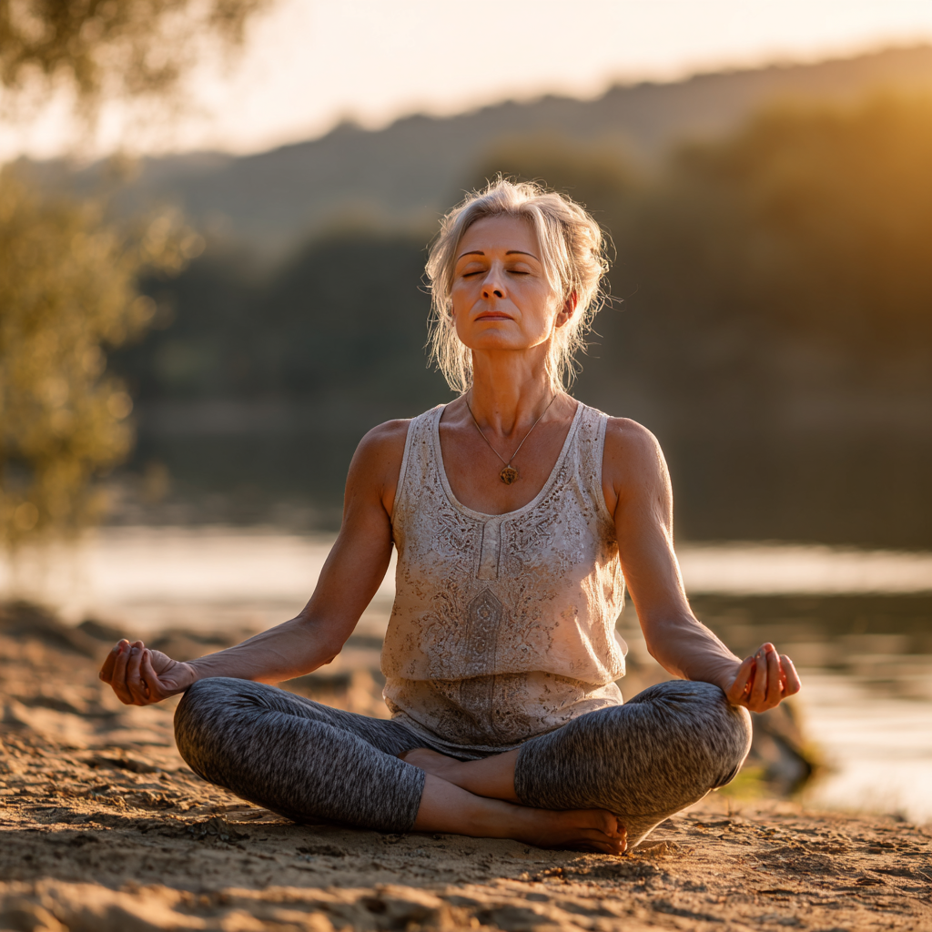 Elderly Ukrainian man and woman sitting in meditation pose together outdoors in nature, both smiling peacefully with eyes closed in a serene garden setting
