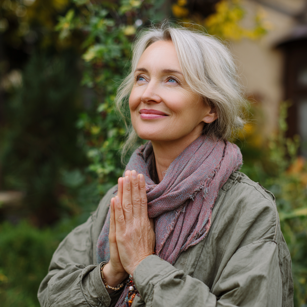 Ukrainian adult woman in comfortable yoga clothes practicing evening yoga in dimly lit cozy room, smiling peacefully while in a relaxing pose with candles nearby